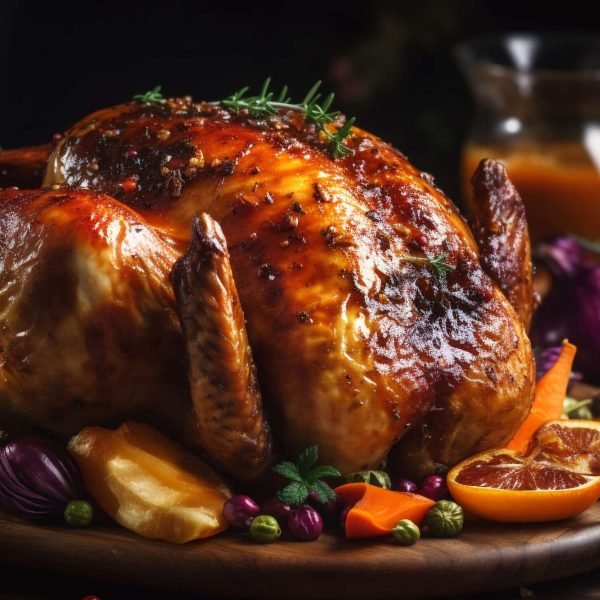 Homemade roast turkey on rustic wood table generated by artificial intelligence