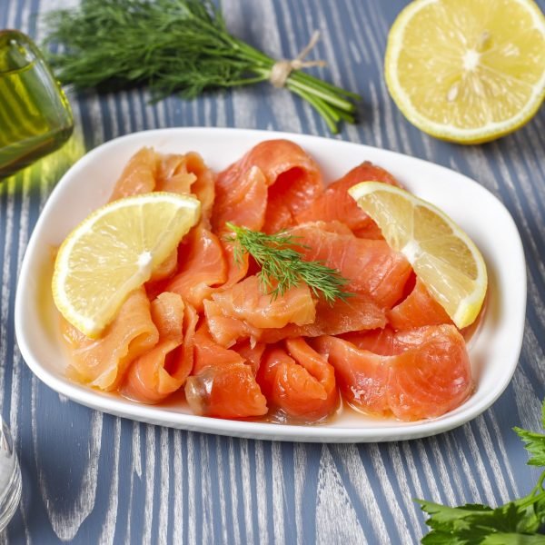 Fresh smoked salmon slices.